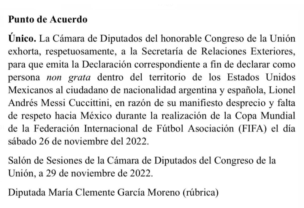 Diputada mexicana proyecto de Ley Persona no grata a Messi